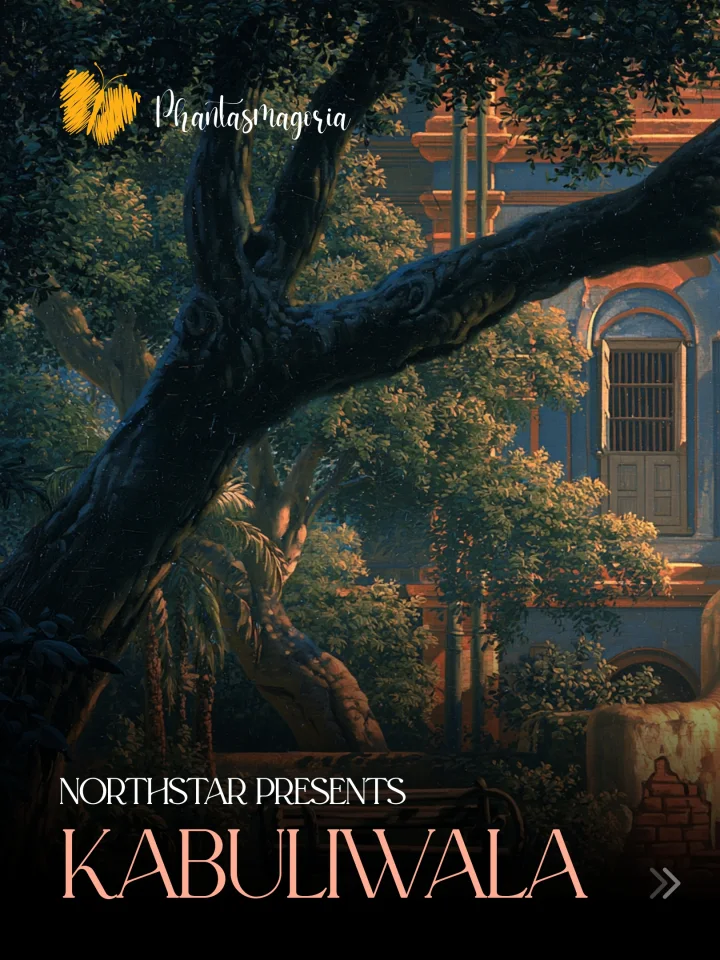 An illustrated old house and tree at twilight