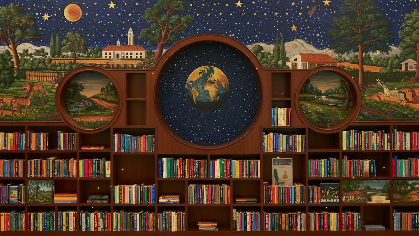 An illustrated magical library filled with books and imagined worlds
